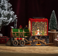 Felinar decorativ Craciun locomotiva cu Mos Craciun si efect de ninsoare, lumina calda, 38 cm