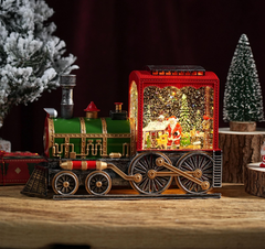 Felinar decorativ Craciun locomotiva cu Mos Craciun si efect de ninsoare, lumina calda, 38 cm