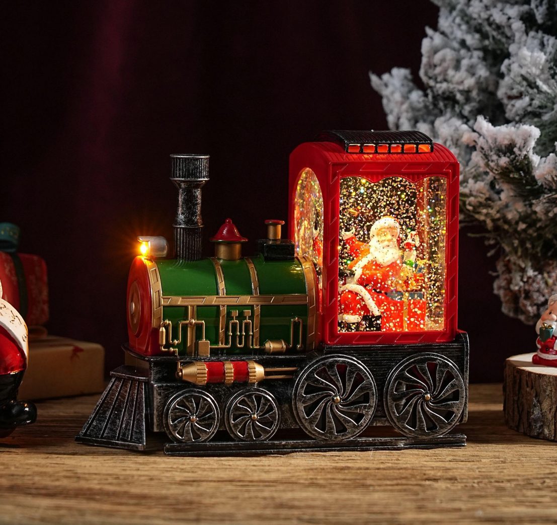 Felinar decorativ Craciun locomotiva cu scena fixa si efect de ninsoare, lumina calda, 21 cm