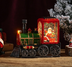 Felinar decorativ Craciun locomotiva cu scena fixa si efect de ninsoare, lumina calda, 21 cm