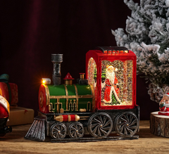 Felinar decorativ Craciun locomotiva cu scena fixa si efect de ninsoare, lumina calda, 21 cm