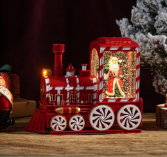 Felinar decorativ Craciun locomotiva cu scena fixa si efect de ninsoare, lumina calda, 21 cm