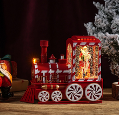 Felinar decorativ Craciun locomotiva cu scena fixa si efect de ninsoare, lumina calda, 21 cm