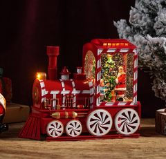 Felinar decorativ Craciun locomotiva cu scena fixa si efect de ninsoare, lumina calda, 21 cm