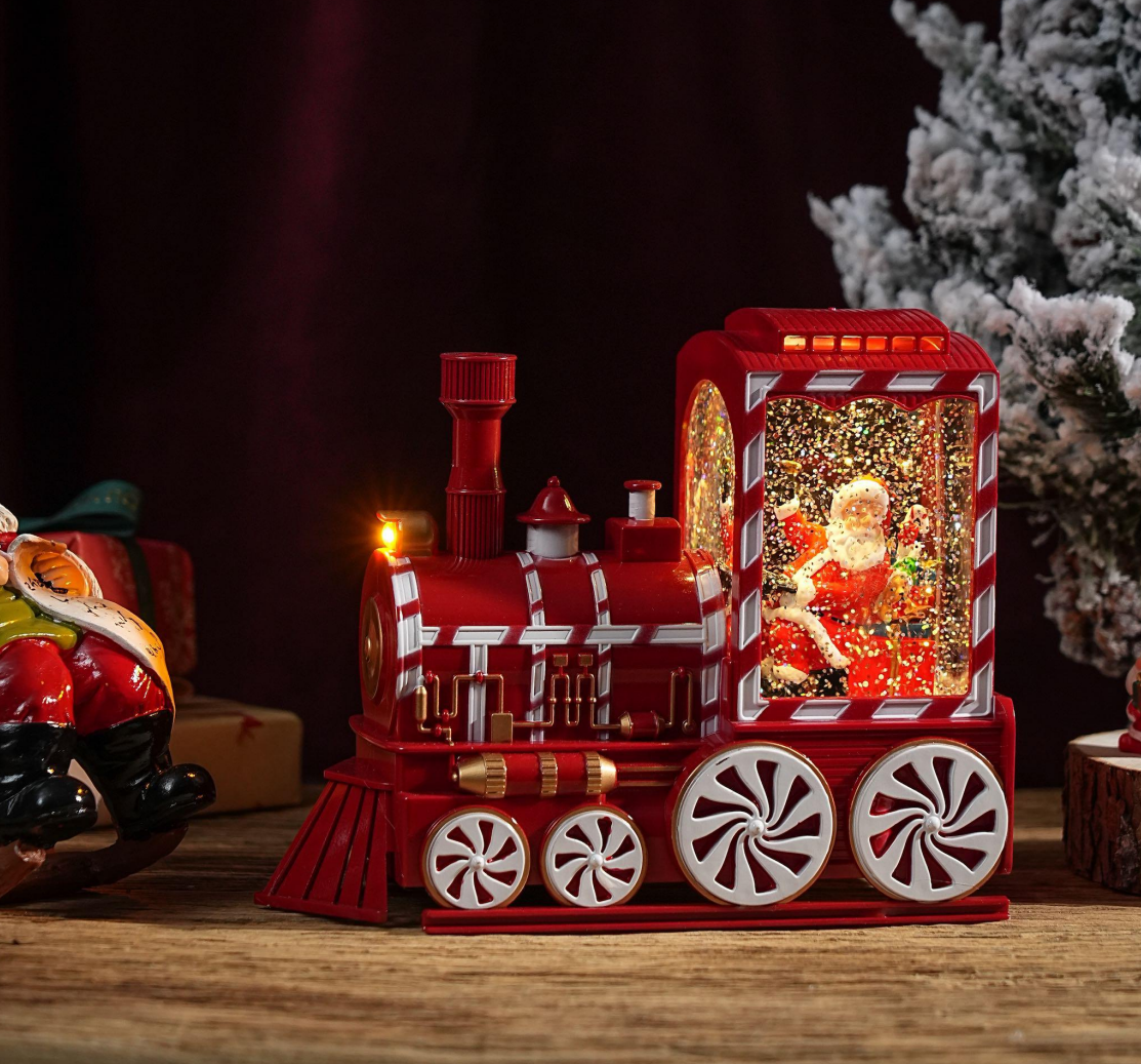 Felinar decorativ Craciun locomotiva cu scena fixa si efect de ninsoare, lumina calda, 21 cm