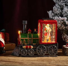 Felinar decorativ Craciun locomotiva cu scena fixa si efect de ninsoare, lumina calda, 21 cm