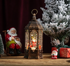 Felinar decorativ Craciun cu scena rotativa si efect de ninsoare, lumina calda, 23 cm
