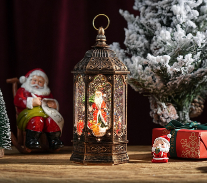 Felinar decorativ Craciun cu scena rotativa si efect de ninsoare, lumina calda, 23 cm