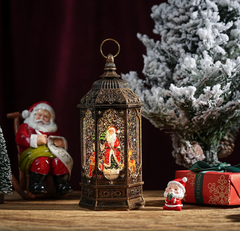 Felinar decorativ Craciun cu scena fixa si efect de ninsoare, lumina calda, 23 cm