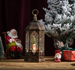 Felinar decorativ Craciun cu scena fixa si efect de ninsoare, lumina calda, 23 cm