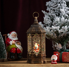 Felinar decorativ Craciun cu scena fixa si efect de ninsoare, lumina calda, 23 cm