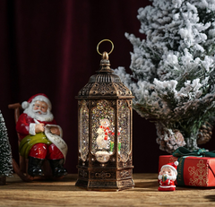 Felinar decorativ Craciun cu scena fixa si efect de ninsoare, lumina calda, 23 cm