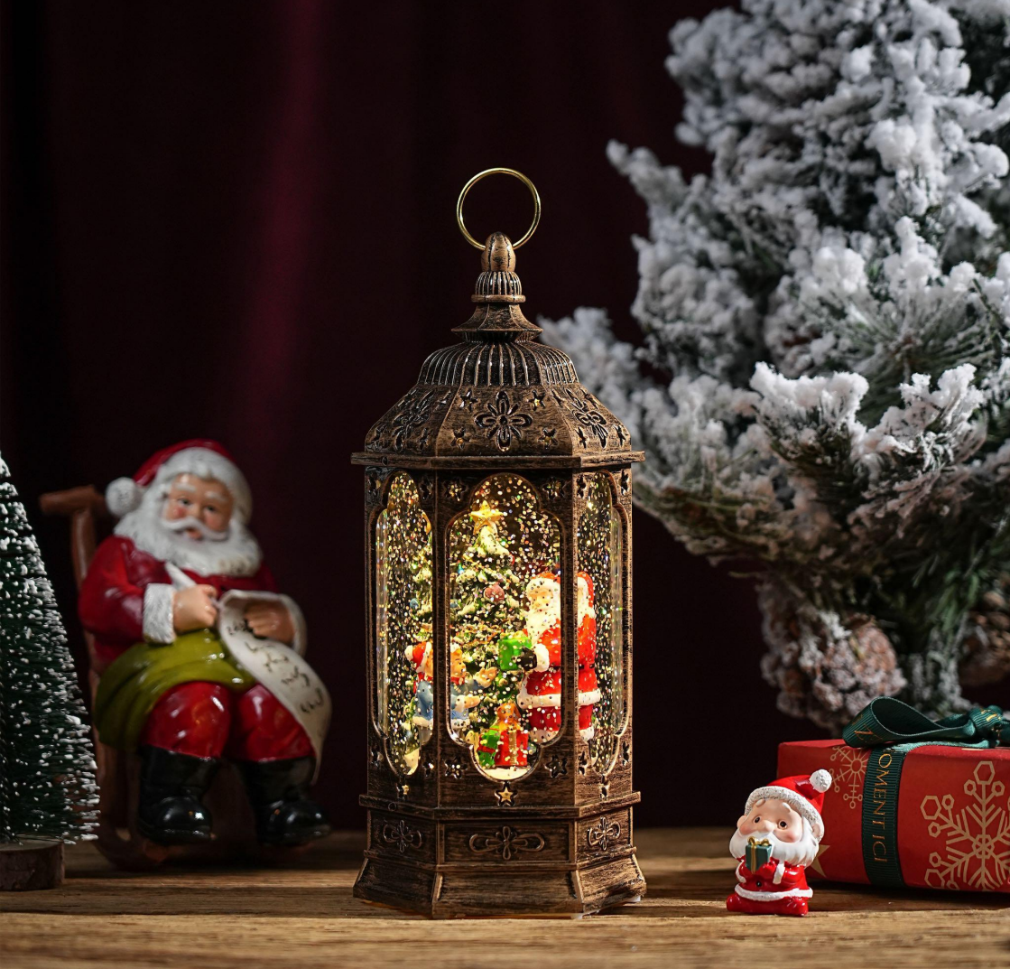 Felinar decorativ Craciun cu scena fixa si efect de ninsoare, lumina calda, 23 cm