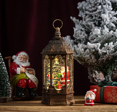 Felinar decorativ Craciun cu scena fixa si efect de ninsoare, lumina calda, 23 cm