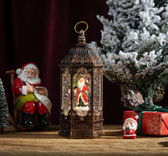 Felinar decorativ Craciun cu scena fixa si efect de ninsoare, lumina calda, 23 cm