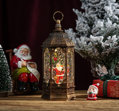 Felinar decorativ Craciun cu scena fixa si efect de ninsoare, lumina calda, 23 cm