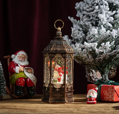 Felinar decorativ Craciun cu scena fixa si efect de ninsoare, lumina calda, 23 cm