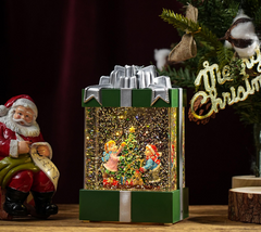 Felinar decorativ Craciun in forma de cadou, cu scena fixa si efect de ninsoare, lumina calda, 20 cm