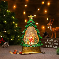Felinar decorativ Craciun in forma de brad, cu scena fixa si efect de ninsoare, lumina calda, 28 cm