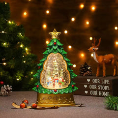 Felinar decorativ Craciun in forma de brad, cu scena fixa si efect de ninsoare, lumina calda, 28 cm