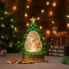 Felinar decorativ Craciun in forma de brad, cu scena fixa si efect de ninsoare, lumina calda, 28 cm