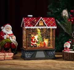 Felinar decorativ Craciun in forma de casuta, cu scena fixa si efect de ninsoare, lumina calda, 20 cm