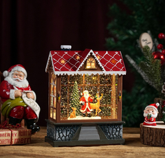 Felinar decorativ Craciun in forma de casuta, cu scena fixa si efect de ninsoare, lumina calda, 20 cm