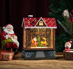 Felinar decorativ Craciun in forma de casuta, cu scena fixa si efect de ninsoare, lumina calda, 20 cm
