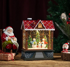 Felinar decorativ Craciun in forma de casuta, cu scena fixa si efect de ninsoare, lumina calda, 20 cm