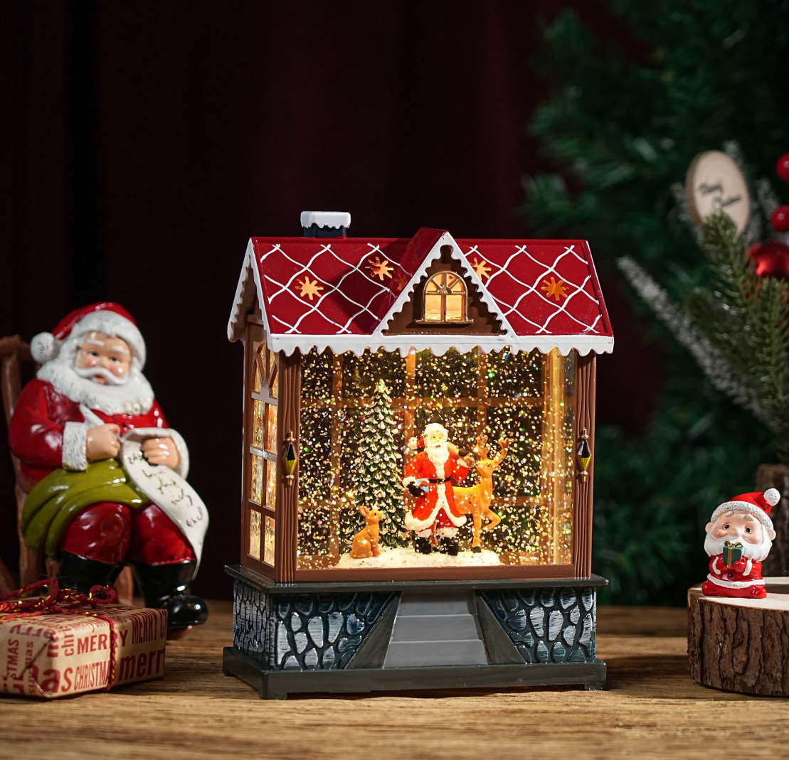 Felinar decorativ Craciun in forma de casuta, cu scena fixa si efect de ninsoare, lumina calda, 20 cm