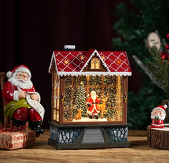 Felinar decorativ Craciun in forma de casuta, cu scena fixa si efect de ninsoare, lumina calda, 20 cm