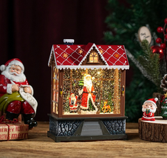 Felinar decorativ Craciun in forma de casuta, cu scena fixa si efect de ninsoare, lumina calda, 20 cm