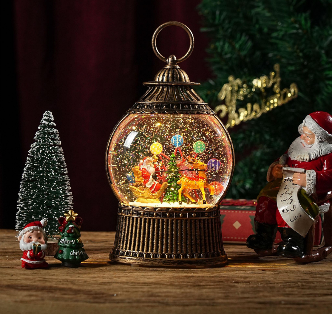 Felinar decorativ Craciun tip glob cu scena fixa si efect de ninsoare, lumina calda