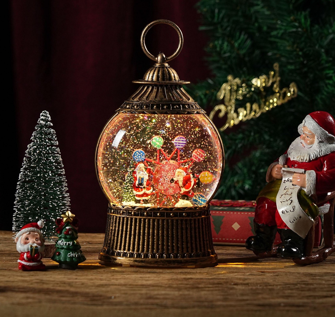 Felinar decorativ Craciun tip glob cu scena fixa si efect de ninsoare, lumina calda