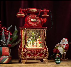 Felinar decorativ Craciun tip telefon retro, cu scena fixa si efect de ninsoare, lumina calda, 30 cm