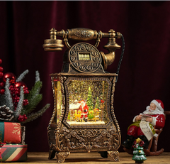 Felinar decorativ Craciun tip telefon retro, cu scena fixa si efect de ninsoare, lumina calda, 30 cm