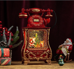 Felinar decorativ Craciun tip telefon retro, cu scena fixa si efect de ninsoare, lumina calda, 30 cm