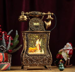 Felinar decorativ Craciun tip telefon retro, cu scena fixa si efect de ninsoare, lumina calda, 30 cm