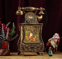 Felinar decorativ Craciun tip telefon retro, cu scena fixa si efect de ninsoare, lumina calda, 30 cm