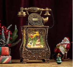 Felinar decorativ Craciun tip telefon retro, cu scena fixa si efect de ninsoare, lumina calda, 30 cm