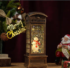 Felinar decorativ Craciun tip cabina telefonica, cu scena fixa si efect de ninsoare, lumina calda, 25 cm