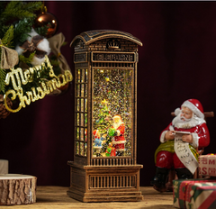 Felinar decorativ Craciun tip cabina telefonica, cu scena fixa si efect de ninsoare, lumina calda, 25 cm