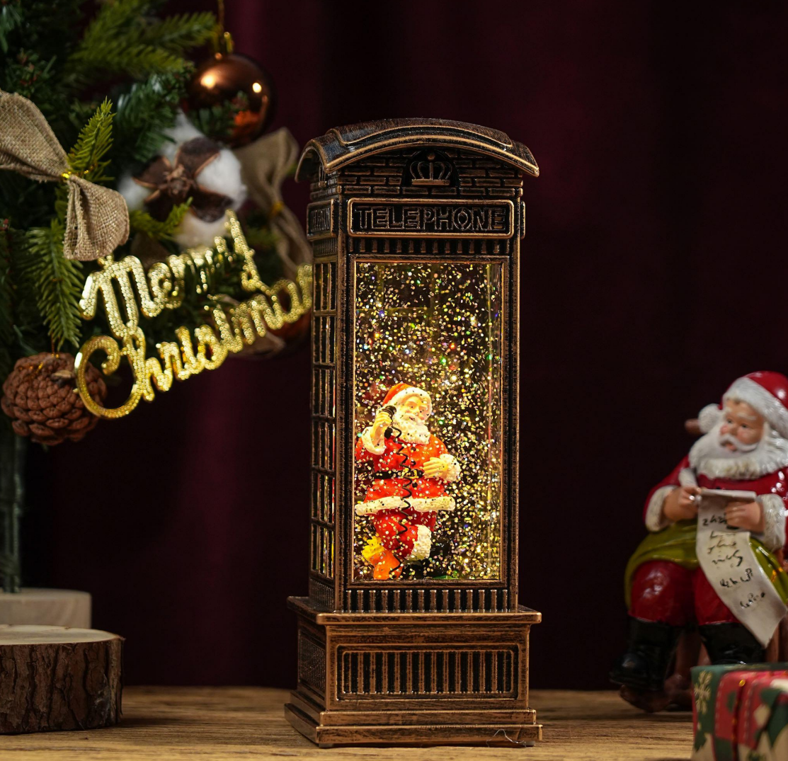Felinar decorativ Craciun tip cabina telefonica, cu scena fixa si efect de ninsoare, lumina calda, 25 cm