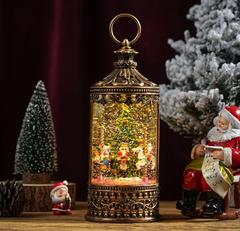 Felinar decorativ Craciun cu scena fixa si efect de ninsoare, lumina calda, 26 cm