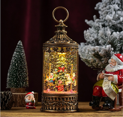 Felinar decorativ Craciun cu scena fixa si efect de ninsoare, lumina calda, 26 cm