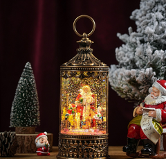 Felinar decorativ Craciun cu scena fixa si efect de ninsoare, lumina calda, 26 cm