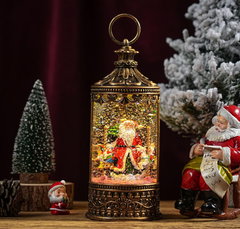 Felinar decorativ Craciun cu scena fixa si efect de ninsoare, lumina calda, 26 cm