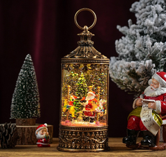 Felinar decorativ Craciun cu scena fixa si efect de ninsoare, lumina calda, 26 cm