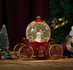 Felinar decorativ Craciun tip glob pe trasura, cu scena fixa si efect de ninsoare, lumina calda, 22 cm