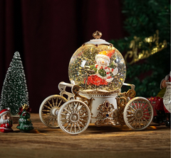 Felinar decorativ Craciun tip glob pe trasura, cu scena fixa si efect de ninsoare, lumina calda, 22 cm